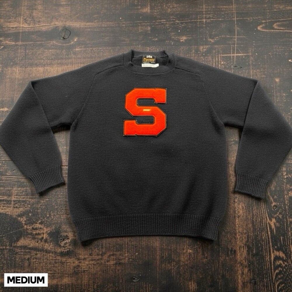 1950s Campus Black Wool Varsity Letterman Sweater Orange MGR Patch Syracuse MED